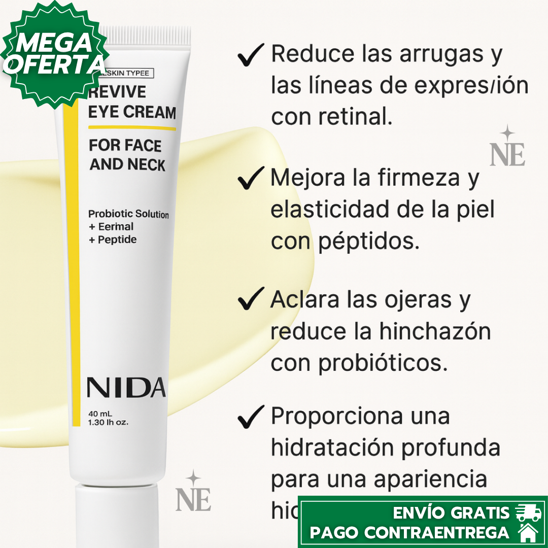 Oferta Especial: 2x1 NIDA REVIVE™: Crema Rejuvenecedora para Ojos, Cara y Cuello con Efecto Luminoso y Antiedad