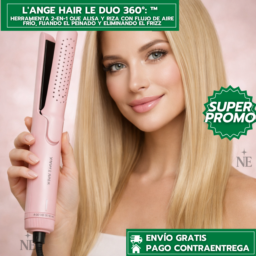L'ange Hair Le Duo 360°: Herramienta 2-en-1 que alisa y riza con flujo de aire frío, fijando el peinado y eliminando el frizz