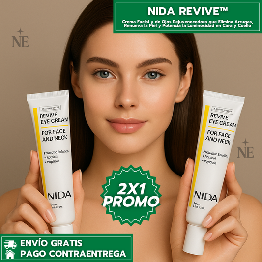 Oferta Especial: 2x1 NIDA REVIVE™: Crema Rejuvenecedora para Ojos, Cara y Cuello con Efecto Luminoso y Antiedad